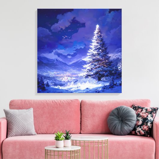 Glowing Christmas Tree Snowy Mountain Landscape Canvas Afdruk (Insitu (Woonkamer))