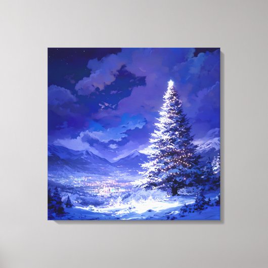 Glowing Christmas Tree Snowy Mountain Landscape Canvas Afdruk (Voorkant)