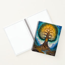 Glowing Gold Blue Yggdrasil Fantasy Tree Art Notitieboek