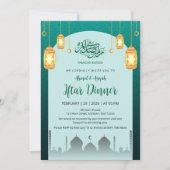 Glowing Golden Lanterns Teal Arch Iftar Invitation Kaart (Voorkant)