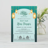 Glowing Golden Lanterns Teal Arch Iftar Invitation Kaart (Staand voorkant)