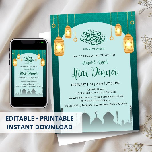 Glowing Golden Lanterns Teal Arch Iftar Invitation Kaart