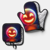 Glowing Happy Orb Emoji Ovenwant & Pannenlap Set (Voorkant / Achterkant)