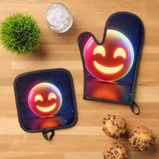 Glowing Happy Orb Emoji Ovenwant & Pannenlap Set (Top down)