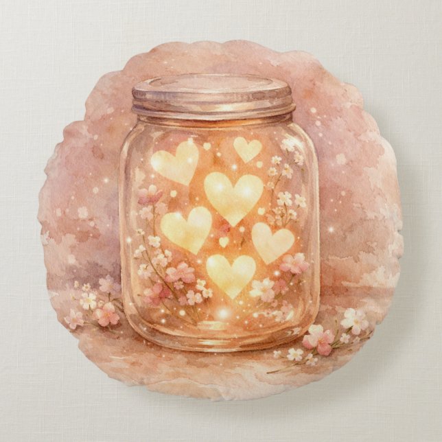 Glowing Heart Jar Round Pillow Rond Kussen (Voorkant)