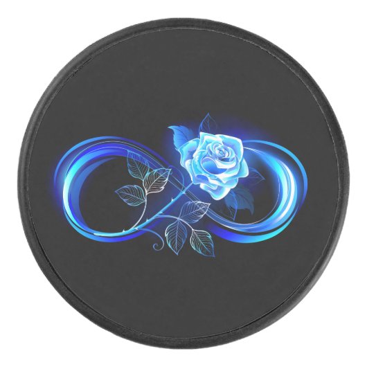 Glowing infinity with blue rose hockey puck (Voorkant)