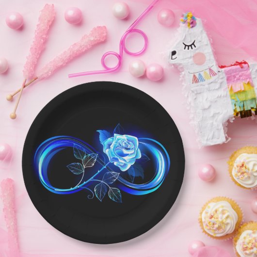 Glowing infinity with blue rose papieren bordje (Feest)