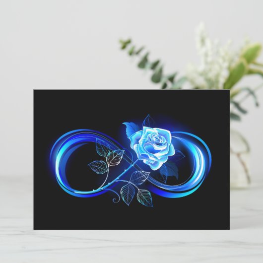 Glowing infinity with blue rose save the date (Staand voorkant)
