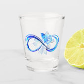 Glowing infinity with blue rose shot glas (Voorkant)