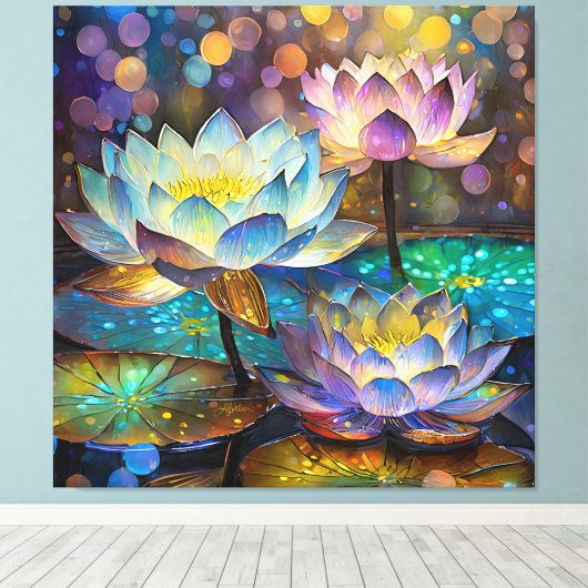 Glowing Lotus Flowers Trio Canvas Afdruk (Insitu (Houten vloer))