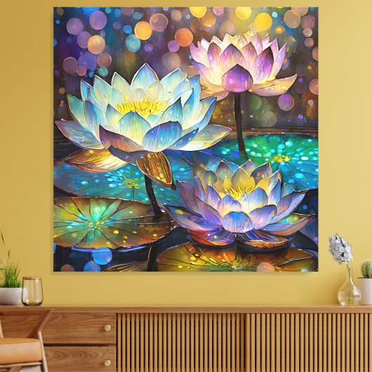 Glowing Lotus Flowers Trio Canvas Afdruk (Insitu (Woonkamer))