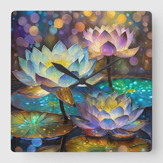 Glowing Lotus Flowers Trio Vierkante Klok (Voorkant)