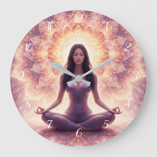Glowing Mandala Meditatie Vrouw Aangepaste Naam Grote Klok (Voorkant)
