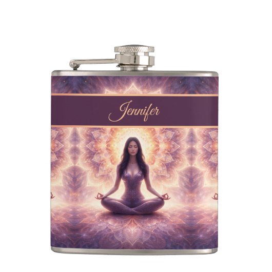 Glowing Mandala Meditatie Vrouw Aangepaste Naam Heupfles (Voorkant)