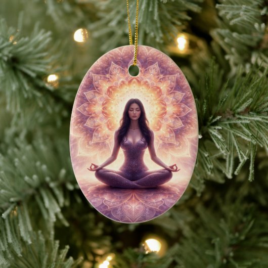 Glowing Mandala Meditatie Vrouw Aangepaste Naam Keramisch Ornament (Boom)