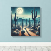 Glowing Moonlit Desert with Cactus and Fireflies Canvas Afdruk (Insitu (Houten vloer))