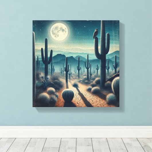 Glowing Moonlit Desert with Cactus and Fireflies Canvas Afdruk (Insitu (Houten vloer))