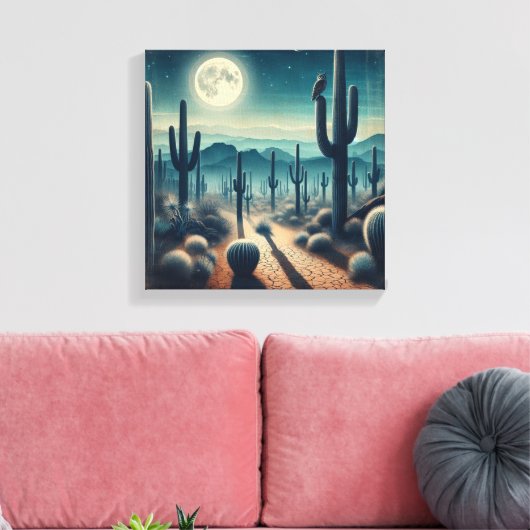 Glowing Moonlit Desert with Cactus and Fireflies Canvas Afdruk (Insitu (Woonkamer))