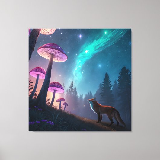 Glowing Mushroom Forest Fox Fantasy Art Canvas Afdruk (Voorkant)