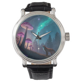 Glowing Mushroom Forest Fox Fantasy Art Horloge