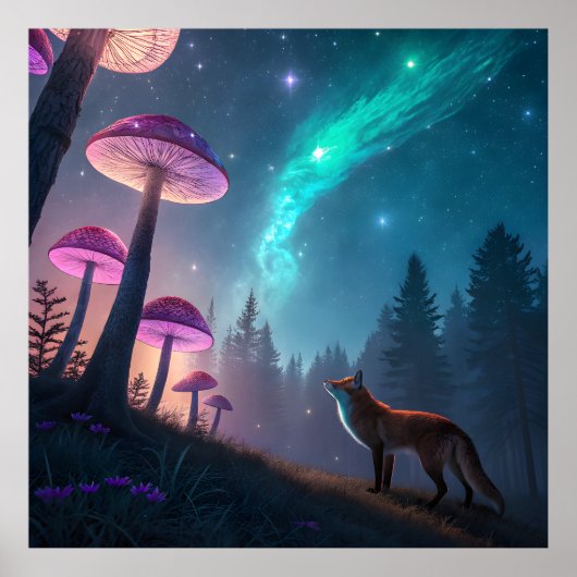 Glowing Mushroom Forest Fox Fantasy Art Poster (Voorkant)