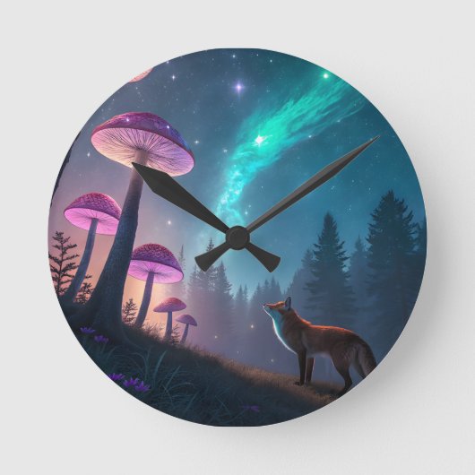 Glowing Mushroom Forest Fox Fantasy Art Ronde Klok (Voorkant)