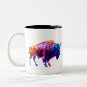 Glowing Neon Bison – Futuristic Wildlife met kunst Tweekleurige Koffiemok