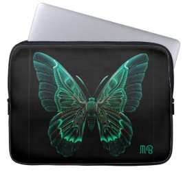 Glowing Neon Green Teal Butterfly Art Laptop Sleeve