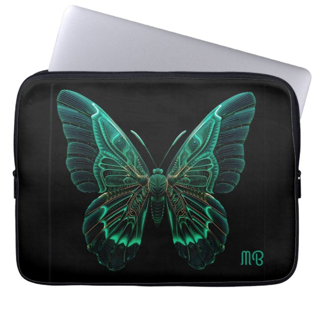 Glowing Neon Green Teal Butterfly Art Laptop Sleeve (Voorkant)