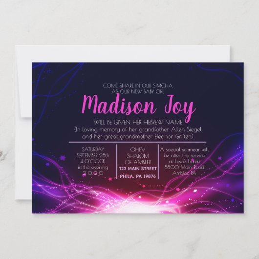 GLOWING NEON STARS Jewish Baby Naming Invitation Kaart (Voorkant)