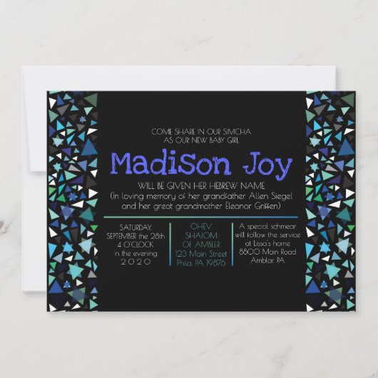 GLOWING NEON STARS Jewish Baby Naming Invitation Kaart (Voorkant)