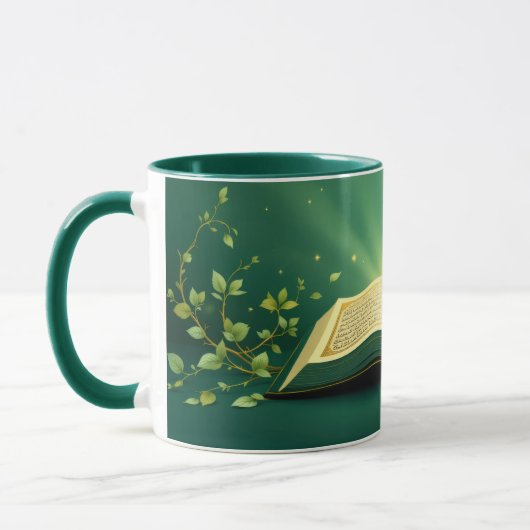 Glowing Open Quran Islamic Mug – Spiritual Green Mok (Links)