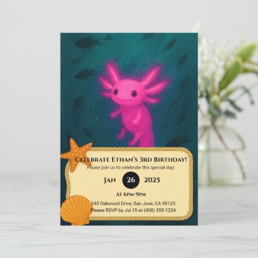Glowing Pink Axolotl Underwater Birthday  Kaart (Staand voorkant)