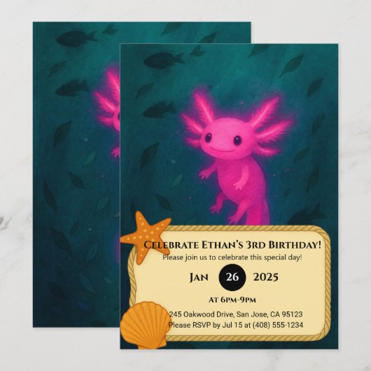 Glowing Pink Axolotl Underwater Birthday  Kaart (Voorkant / Achterkant)