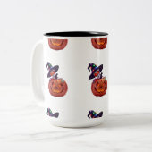Glowing Skeleton and Pumpkin Halloween Magic Tweekleurige Koffiemok (Voorkant links)