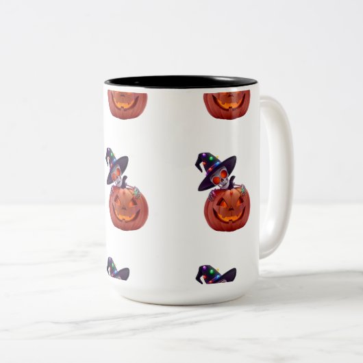 Glowing Skeleton and Pumpkin Halloween Magic Tweekleurige Koffiemok (Voorkant rechts)