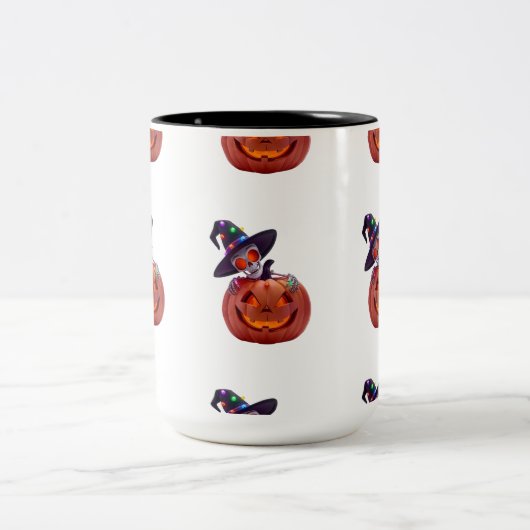 Glowing Skeleton and Pumpkin Halloween Magic Tweekleurige Koffiemok (Center)