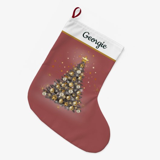 Glowing Star Tree Christmas Stocking – Red Grote Kerstsok (Voorkant (Hangend))