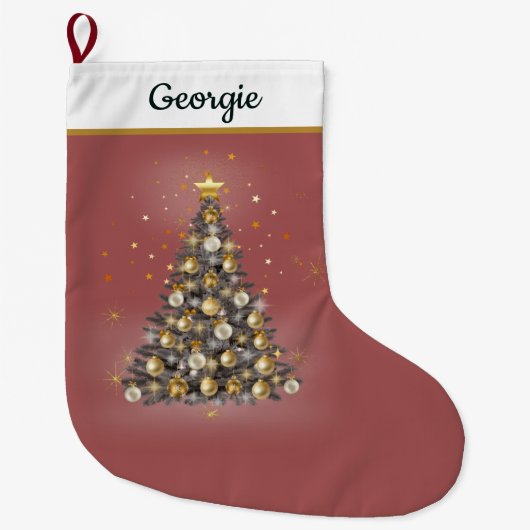 Glowing Star Tree Christmas Stocking – Red Grote Kerstsok (Voorkant)