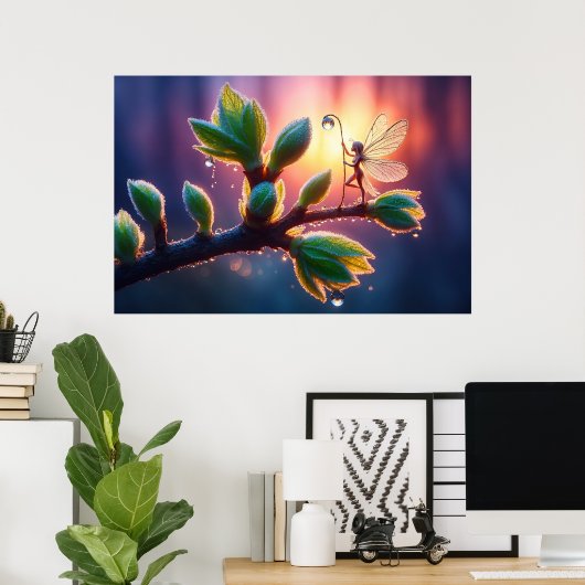 Glowing sunrise background with winged creature poster (Thuiskantoor)