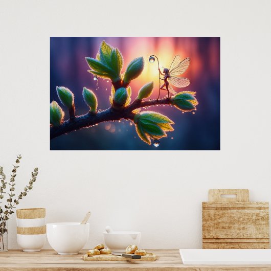 Glowing sunrise background with winged creature poster (Keuken)