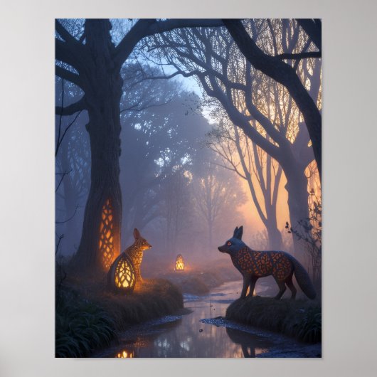 Glowing Twilight Forest with Wooden Animals Poster (Voorkant)