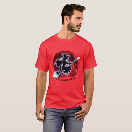 Glowing Witch Flying Red Moon Mannen T-shirt (Voorkant volledig)