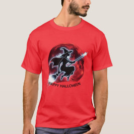 Glowing Witch Flying Red Moon Mannen T-shirt