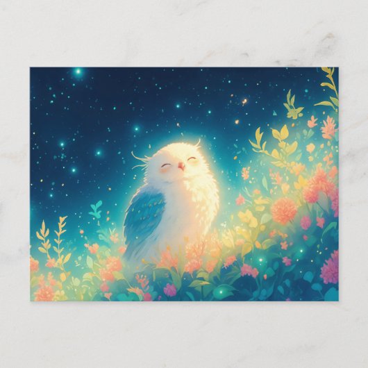 Glowy White Owl in Starry Night Meadow Briefkaart (Voorkant)