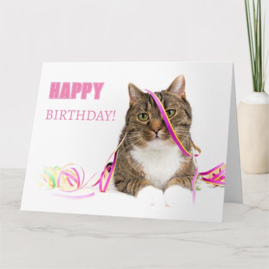 Glückwunschkarte Katze mit Luftschlangen Kaart (Voorkant)