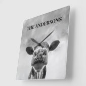 Gluren Koe Wolken Zwart Wit Vierkante Wandklok (Hoek)