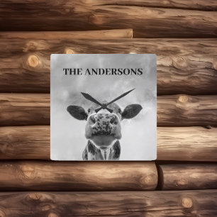 Gluren Koe Wolken Zwart Wit Vierkante Wandklok