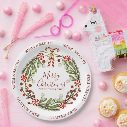 Gluten Free Merry kerstsnoe Cane Floral Papieren Bordje (Feest)