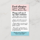 Glutenallergie Restaurant Kaart, Coeliakie Voedsel Visitekaartje (Achterkant)